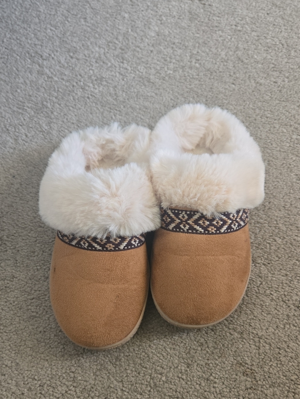 isotoner Tan Faux-Fur Lined Slip-On Slippers with Patterned Trim